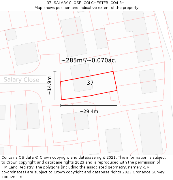 37, SALARY CLOSE, COLCHESTER, CO4 3HL: Plot and title map