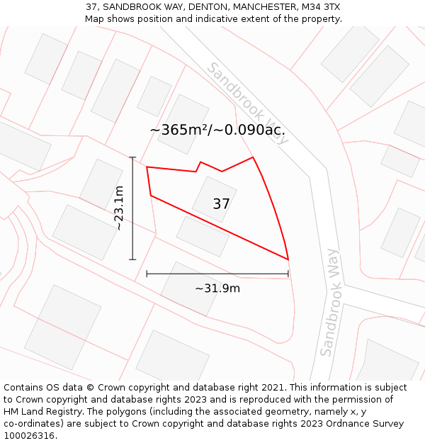 37, SANDBROOK WAY, DENTON, MANCHESTER, M34 3TX: Plot and title map