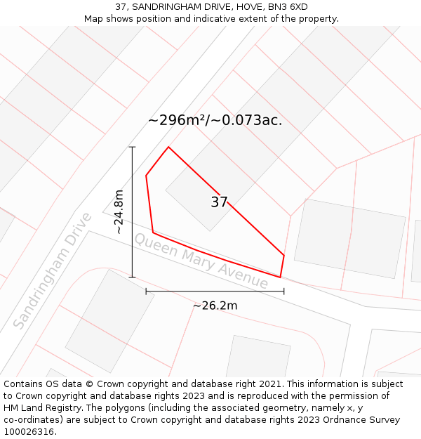 37, SANDRINGHAM DRIVE, HOVE, BN3 6XD: Plot and title map