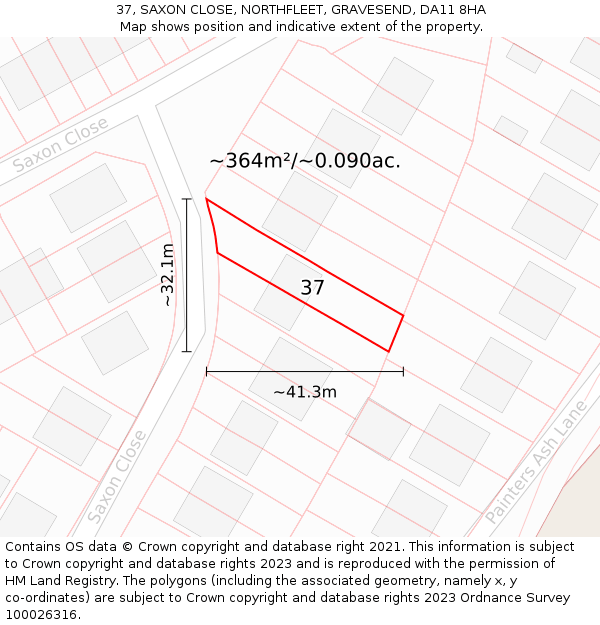 37, SAXON CLOSE, NORTHFLEET, GRAVESEND, DA11 8HA: Plot and title map