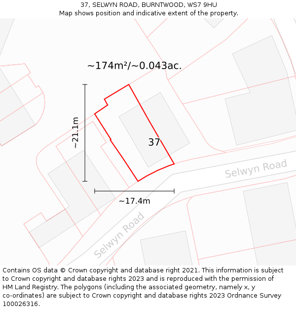 37, SELWYN ROAD, BURNTWOOD, WS7 9HU: Plot and title map
