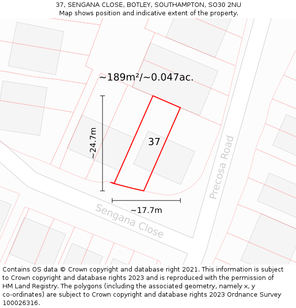 37, SENGANA CLOSE, BOTLEY, SOUTHAMPTON, SO30 2NU: Plot and title map
