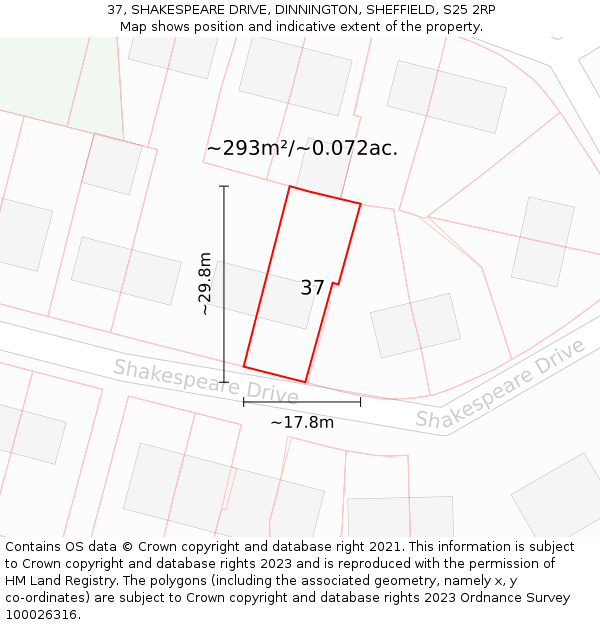 37, SHAKESPEARE DRIVE, DINNINGTON, SHEFFIELD, S25 2RP: Plot and title map