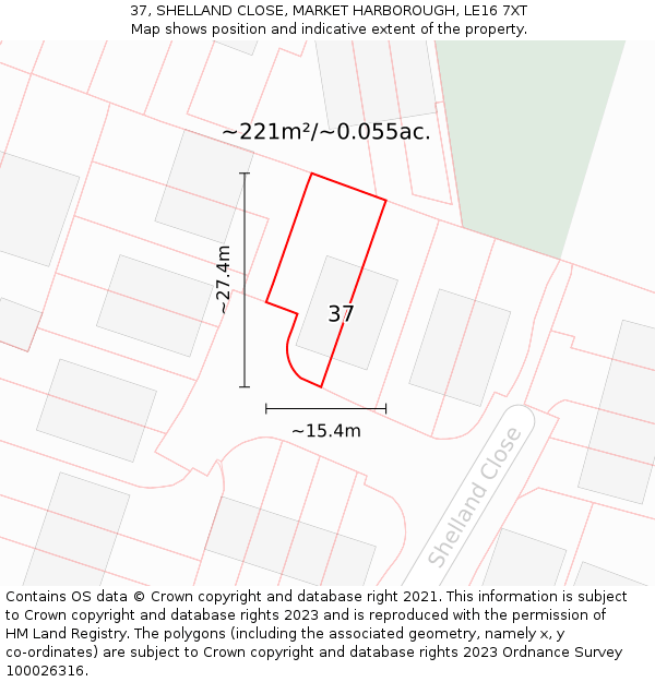 37, SHELLAND CLOSE, MARKET HARBOROUGH, LE16 7XT: Plot and title map