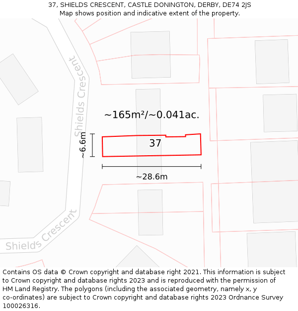 37, SHIELDS CRESCENT, CASTLE DONINGTON, DERBY, DE74 2JS: Plot and title map