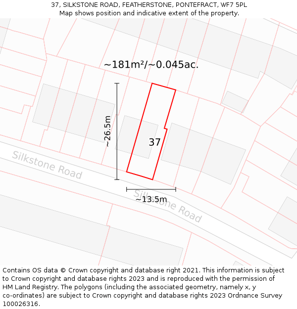 37, SILKSTONE ROAD, FEATHERSTONE, PONTEFRACT, WF7 5PL: Plot and title map
