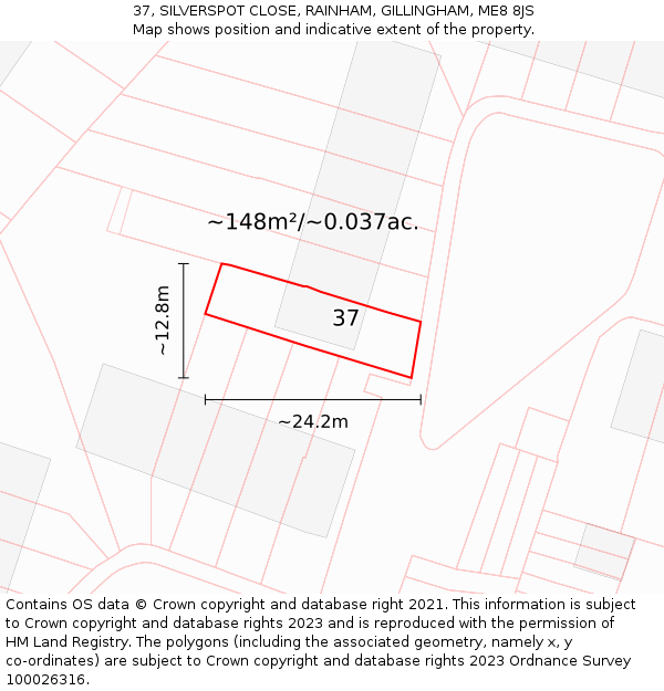 37, SILVERSPOT CLOSE, RAINHAM, GILLINGHAM, ME8 8JS: Plot and title map