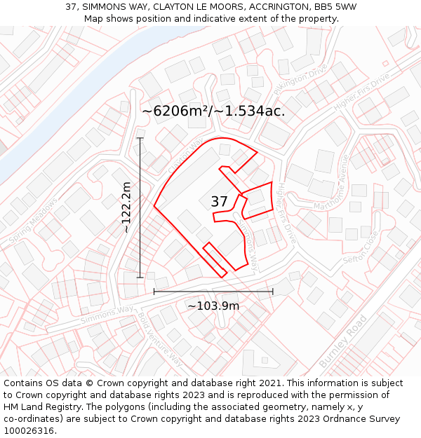 37, SIMMONS WAY, CLAYTON LE MOORS, ACCRINGTON, BB5 5WW: Plot and title map