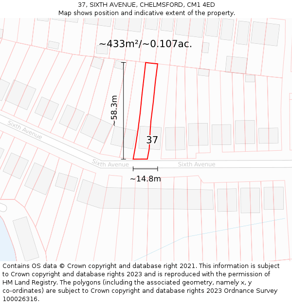 37, SIXTH AVENUE, CHELMSFORD, CM1 4ED: Plot and title map