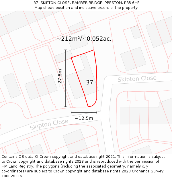 37, SKIPTON CLOSE, BAMBER BRIDGE, PRESTON, PR5 6HF: Plot and title map