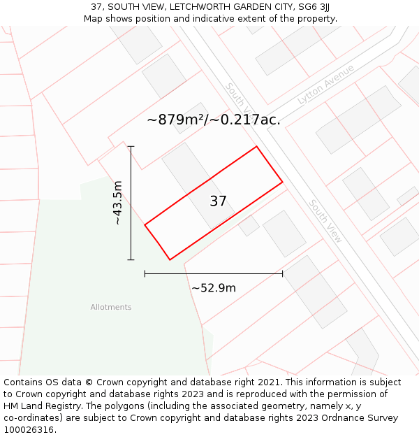 37, SOUTH VIEW, LETCHWORTH GARDEN CITY, SG6 3JJ: Plot and title map