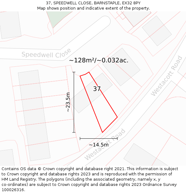 37, SPEEDWELL CLOSE, BARNSTAPLE, EX32 8PY: Plot and title map