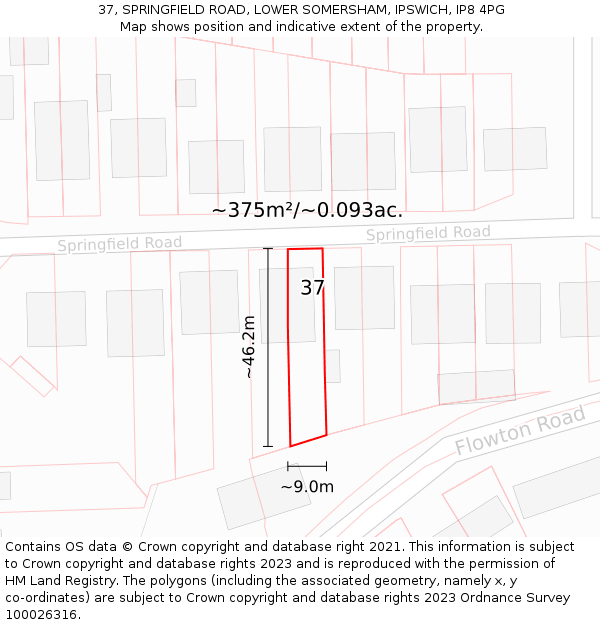 37, SPRINGFIELD ROAD, LOWER SOMERSHAM, IPSWICH, IP8 4PG: Plot and title map