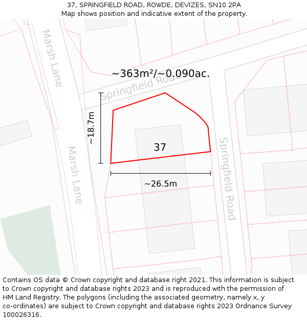 37, SPRINGFIELD ROAD, ROWDE, DEVIZES, SN10 2PA: Plot and title map