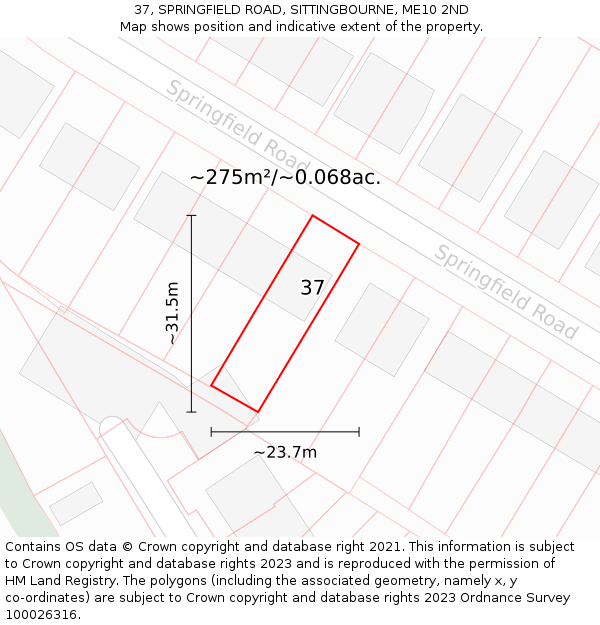 37, SPRINGFIELD ROAD, SITTINGBOURNE, ME10 2ND: Plot and title map