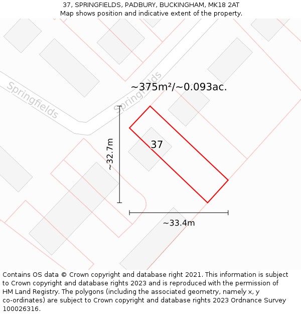 37, SPRINGFIELDS, PADBURY, BUCKINGHAM, MK18 2AT: Plot and title map