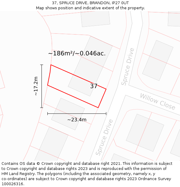 37, SPRUCE DRIVE, BRANDON, IP27 0UT: Plot and title map