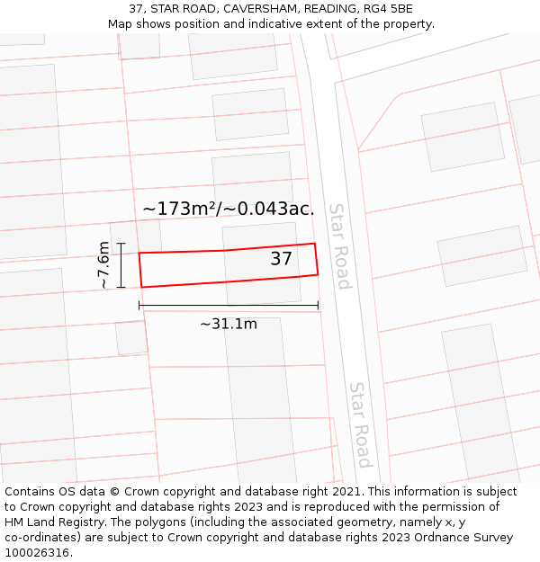 37, STAR ROAD, CAVERSHAM, READING, RG4 5BE: Plot and title map