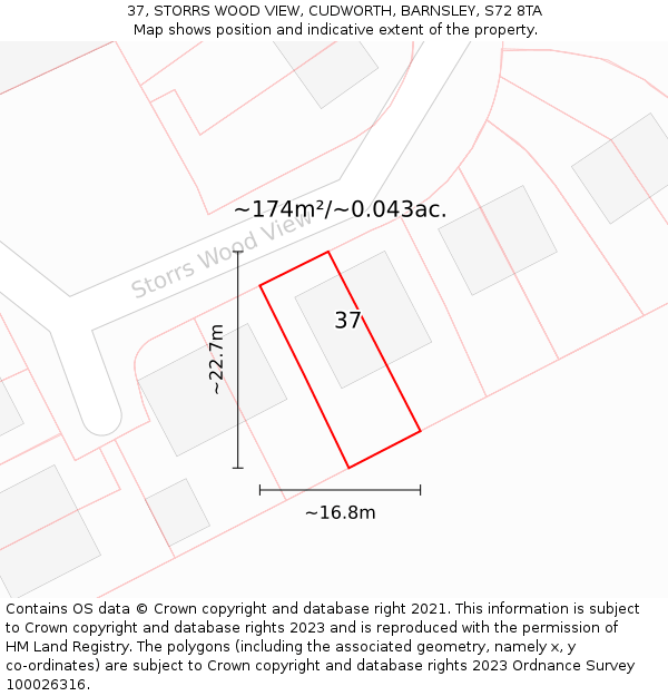 37, STORRS WOOD VIEW, CUDWORTH, BARNSLEY, S72 8TA: Plot and title map