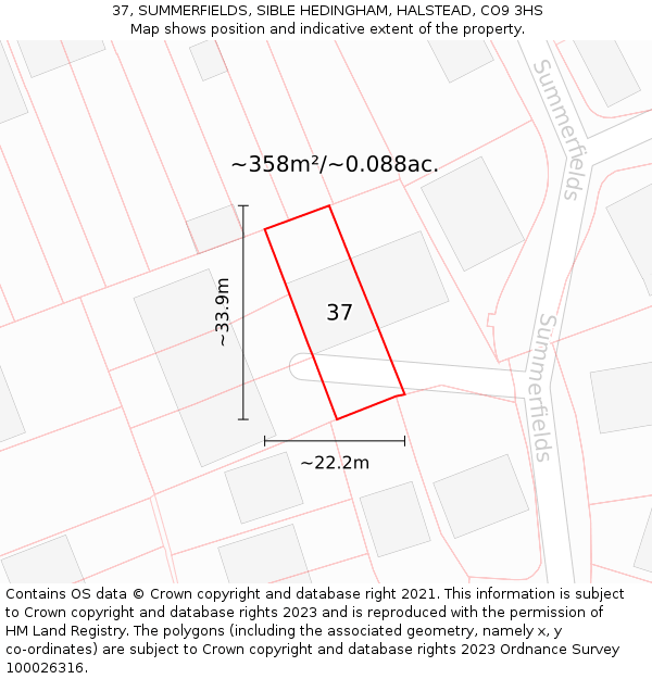 37, SUMMERFIELDS, SIBLE HEDINGHAM, HALSTEAD, CO9 3HS: Plot and title map
