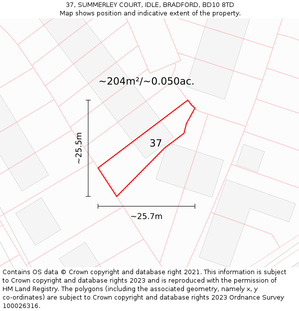 37, SUMMERLEY COURT, IDLE, BRADFORD, BD10 8TD: Plot and title map
