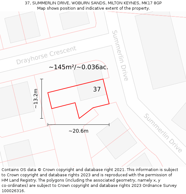 37, SUMMERLIN DRIVE, WOBURN SANDS, MILTON KEYNES, MK17 8GP: Plot and title map
