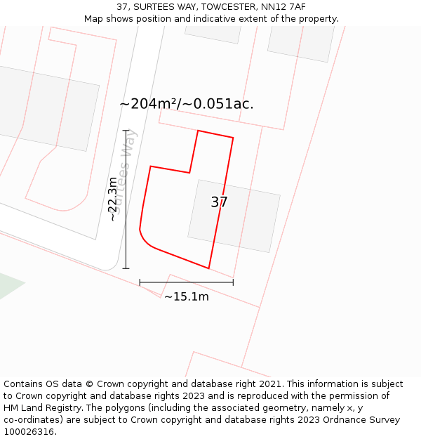 37, SURTEES WAY, TOWCESTER, NN12 7AF: Plot and title map