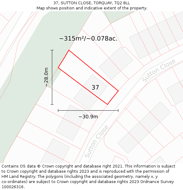 37, SUTTON CLOSE, TORQUAY, TQ2 8LL: Plot and title map