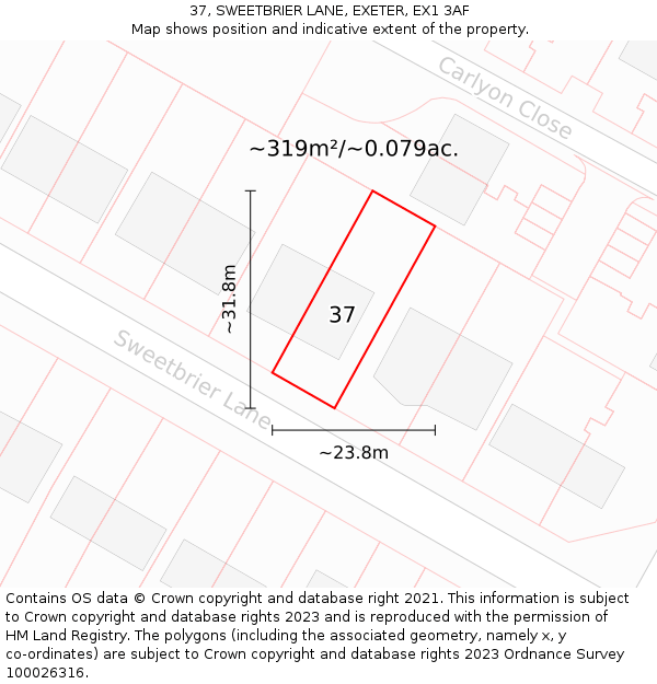 37, SWEETBRIER LANE, EXETER, EX1 3AF: Plot and title map