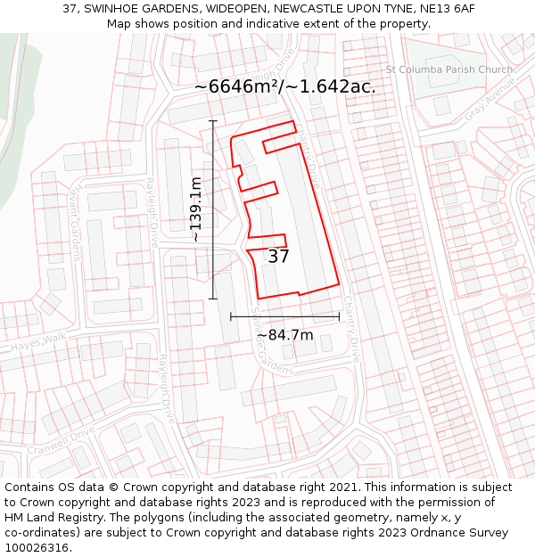 37, SWINHOE GARDENS, WIDEOPEN, NEWCASTLE UPON TYNE, NE13 6AF: Plot and title map