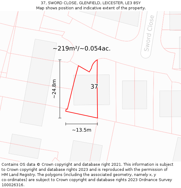 37, SWORD CLOSE, GLENFIELD, LEICESTER, LE3 8SY: Plot and title map