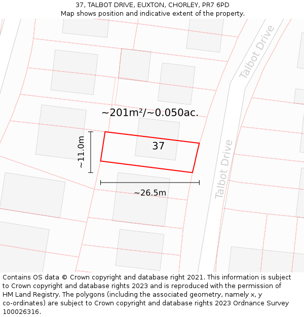 37, TALBOT DRIVE, EUXTON, CHORLEY, PR7 6PD: Plot and title map