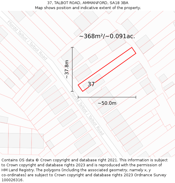37, TALBOT ROAD, AMMANFORD, SA18 3BA: Plot and title map