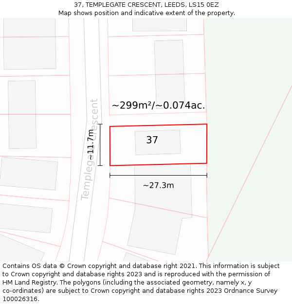 37, TEMPLEGATE CRESCENT, LEEDS, LS15 0EZ: Plot and title map