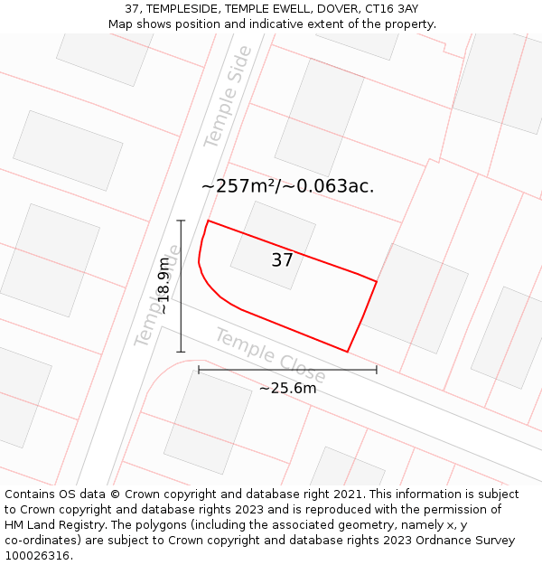 37, TEMPLESIDE, TEMPLE EWELL, DOVER, CT16 3AY: Plot and title map