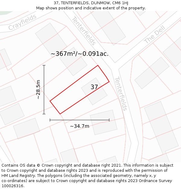 37, TENTERFIELDS, DUNMOW, CM6 1HJ: Plot and title map