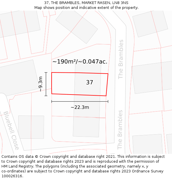37, THE BRAMBLES, MARKET RASEN, LN8 3NS: Plot and title map
