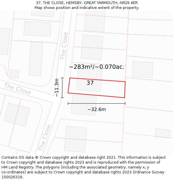 37, THE CLOSE, HEMSBY, GREAT YARMOUTH, NR29 4ER: Plot and title map