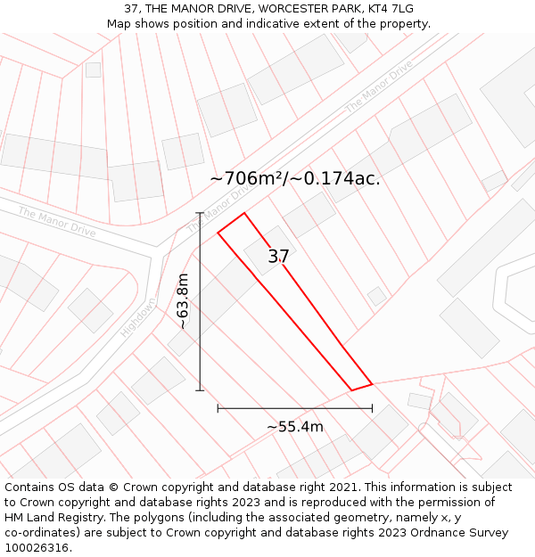 37, THE MANOR DRIVE, WORCESTER PARK, KT4 7LG: Plot and title map