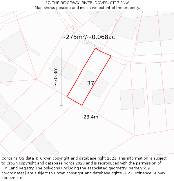 37, THE RIDGEWAY, RIVER, DOVER, CT17 0NW: Plot and title map