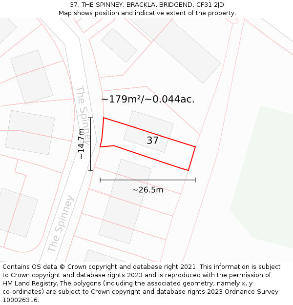 37, THE SPINNEY, BRACKLA, BRIDGEND, CF31 2JD: Plot and title map