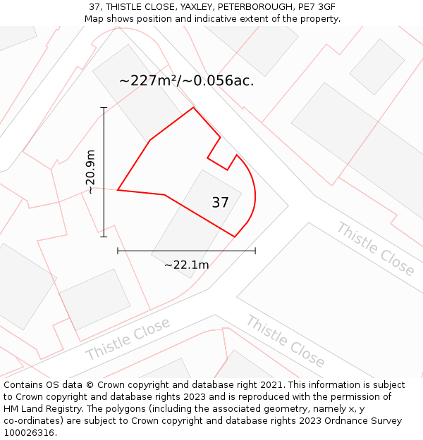 37, THISTLE CLOSE, YAXLEY, PETERBOROUGH, PE7 3GF: Plot and title map