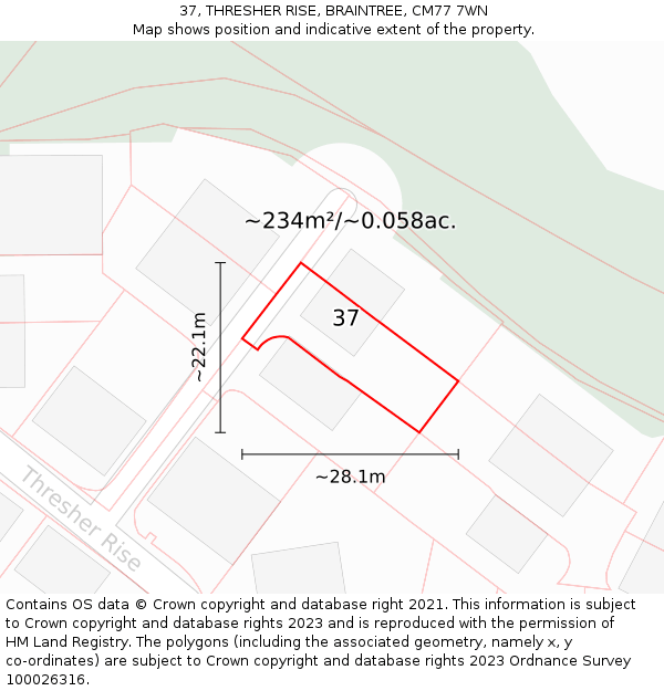 37, THRESHER RISE, BRAINTREE, CM77 7WN: Plot and title map