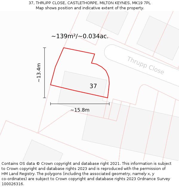 37, THRUPP CLOSE, CASTLETHORPE, MILTON KEYNES, MK19 7PL: Plot and title map