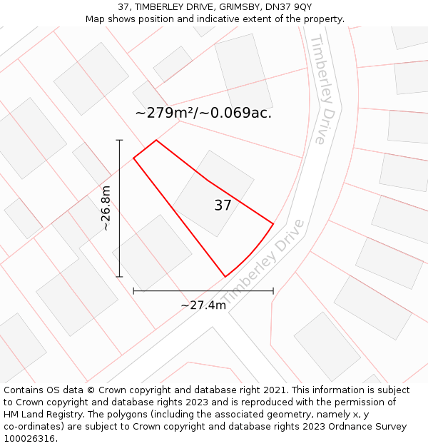 37, TIMBERLEY DRIVE, GRIMSBY, DN37 9QY: Plot and title map