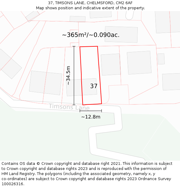 37, TIMSONS LANE, CHELMSFORD, CM2 6AF: Plot and title map