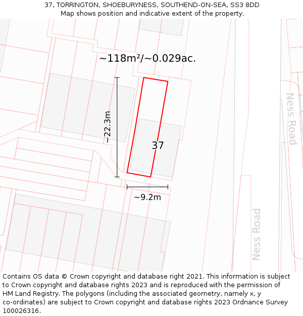 37, TORRINGTON, SHOEBURYNESS, SOUTHEND-ON-SEA, SS3 8DD: Plot and title map