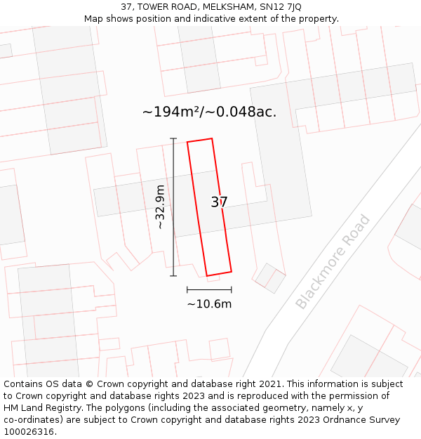 37, TOWER ROAD, MELKSHAM, SN12 7JQ: Plot and title map