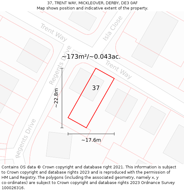37, TRENT WAY, MICKLEOVER, DERBY, DE3 0AF: Plot and title map
