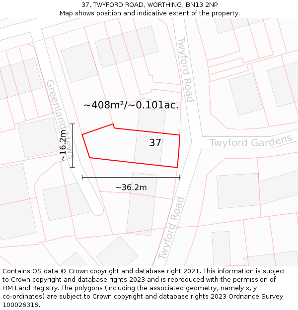 37, TWYFORD ROAD, WORTHING, BN13 2NP: Plot and title map